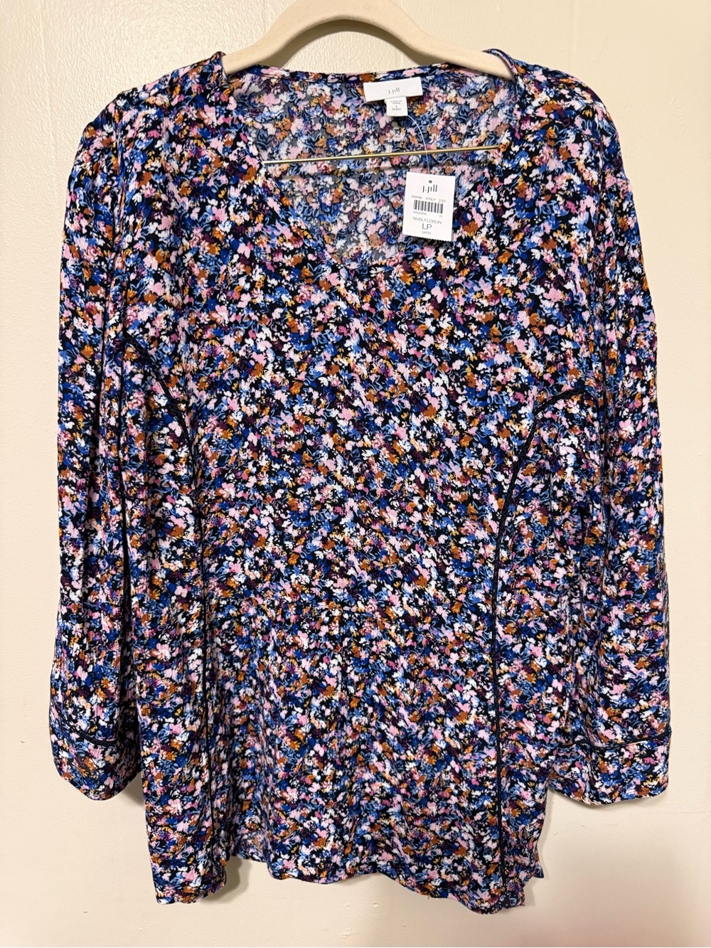 J. Jill Navy Floral V-Neck Long Sleeve Top